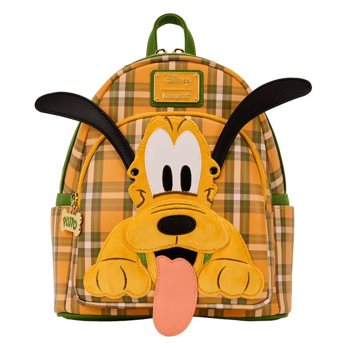 Loungefly Pluto mini backpack with movable ears posed across the plaid front pocket