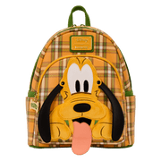 Front view of Loungefly Disney Pluto plaid mini backpack with applique face and tongue