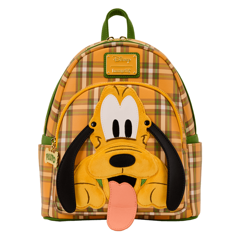Front view of Loungefly Disney Pluto plaid mini backpack with applique face and tongue