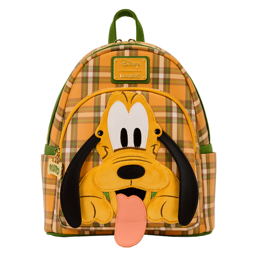 Front view of Loungefly Disney Pluto plaid mini backpack with applique face and tongue