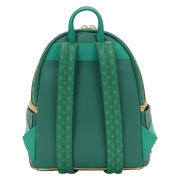 Back view of the Loungefly Disney The Princess and the Frog Tiana Cosplay Mini Backpack with green shoulder straps and art deco pattern detail