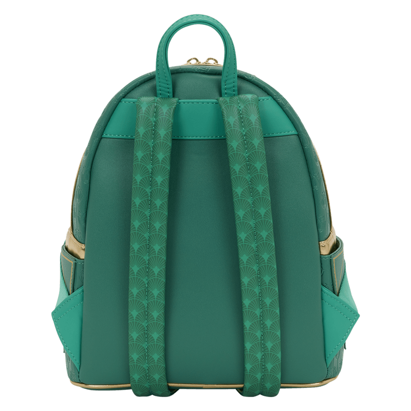 Back view of the Loungefly Disney The Princess and the Frog Tiana Cosplay Mini Backpack with green shoulder straps and art deco pattern detail