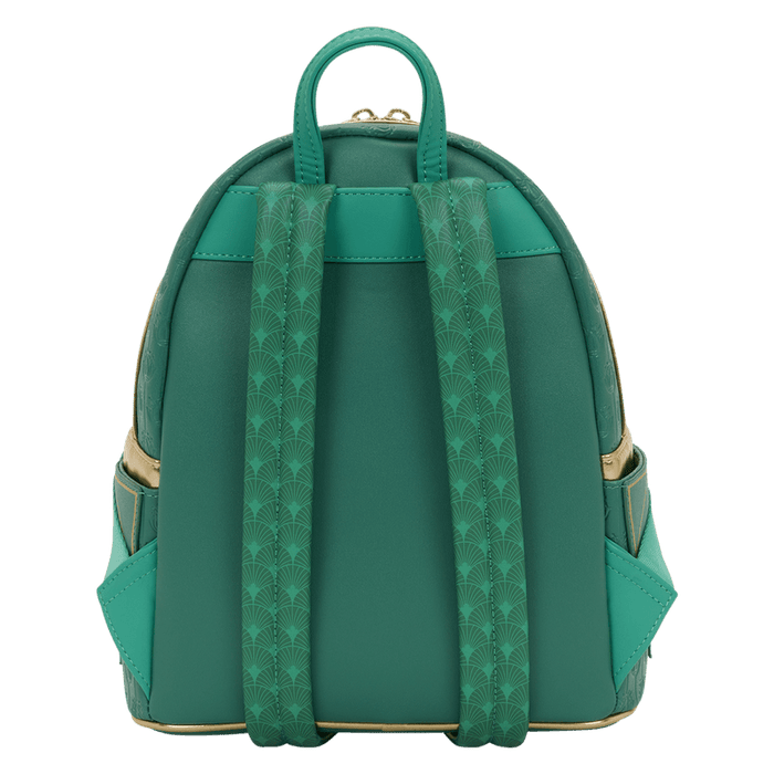 Back view of the Loungefly Disney The Princess and the Frog Tiana Cosplay Mini Backpack with green shoulder straps and art deco pattern detail