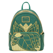 Front view of the Loungefly Disney The Princess and the Frog Tiana Cosplay Mini Backpack with lotus-inspired applique details and gold accents