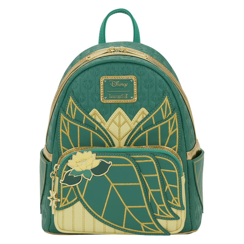 Front view of the Loungefly Disney The Princess and the Frog Tiana Cosplay Mini Backpack with lotus-inspired applique details and gold accents