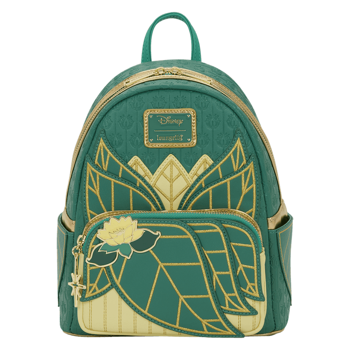 Front view of the Loungefly Disney The Princess and the Frog Tiana Cosplay Mini Backpack with lotus-inspired applique details and gold accents