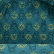 Close-up of the lining inside the Loungefly Disney The Princess and the Frog Tiana Cosplay Mini Backpack with Tiana portrait and lotus print