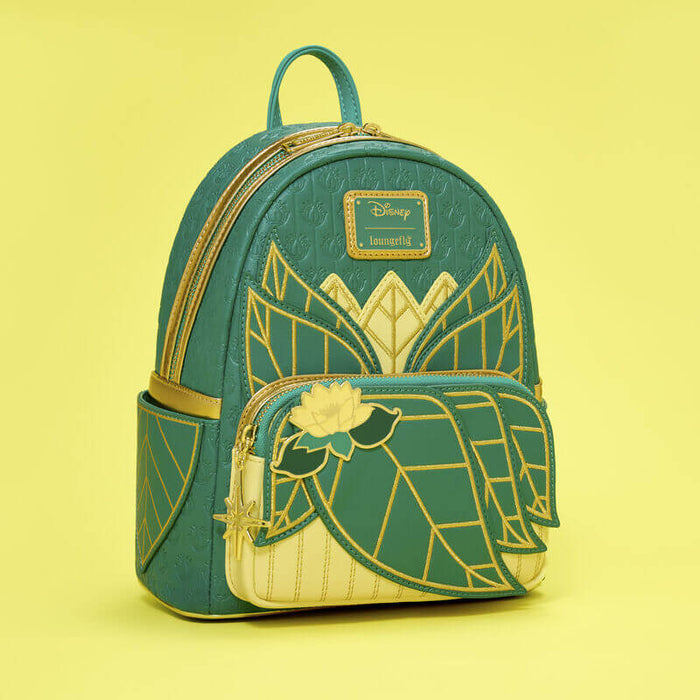 Studio image of the Loungefly Disney The Princess and the Frog Tiana Cosplay Mini Backpack showing the full front design and gold trim