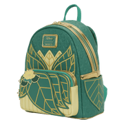 Angled front view of the Loungefly Disney The Princess and the Frog Tiana Cosplay Mini Backpack in green and gold with layered leaf design