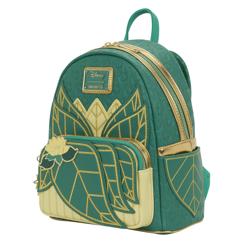 Angled front view of the Loungefly Disney The Princess and the Frog Tiana Cosplay Mini Backpack in green and gold with layered leaf design