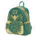 Angled front view of the Loungefly Disney The Princess and the Frog Tiana Cosplay Mini Backpack in green and gold with layered leaf design