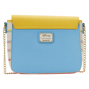 Back view of the Loungefly Disney Princess Books crossbody bag with blue panel, yellow flap, gold chain strap and Disney Loungefly badge
