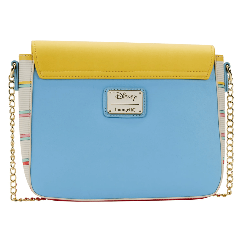 Back view of the Loungefly Disney Princess Books crossbody bag with blue panel, yellow flap, gold chain strap and Disney Loungefly badge