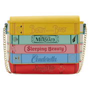Front view of the Loungefly Disney Princess Books crossbody bag with colourful storybook design and gold chain strap