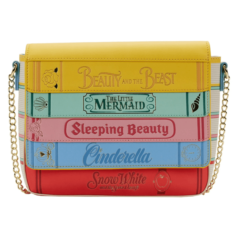 Front view of the Loungefly Disney Princess Books crossbody bag with colourful storybook design and gold chain strap