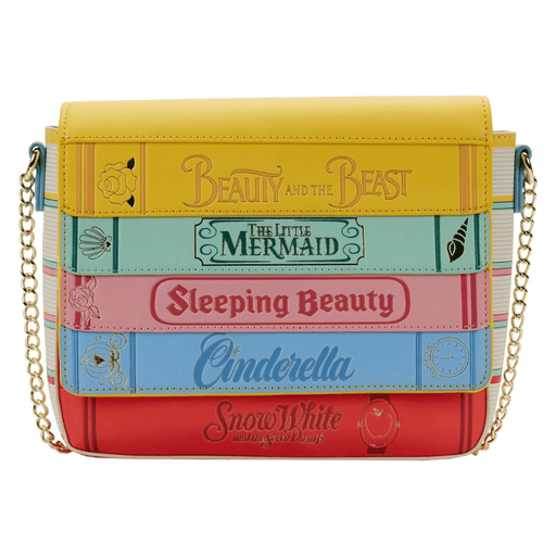 Front view of the Loungefly Disney Princess Books crossbody bag with colourful storybook design and gold chain strap