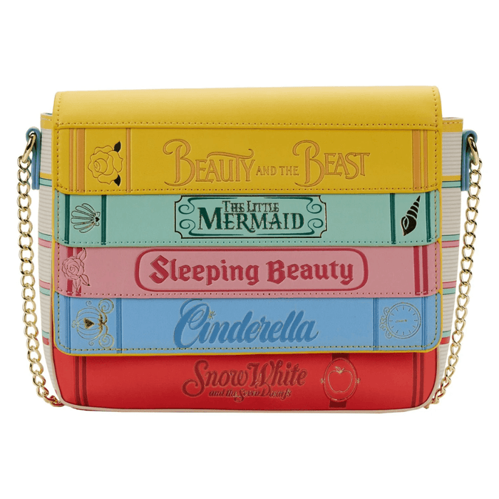 Front view of the Loungefly Disney Princess Books crossbody bag with colourful storybook design and gold chain strap