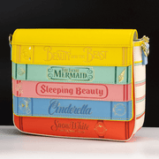 Loungefly Disney Princess Books crossbody bag styled as a stack of classic fairytale books including Beauty and the Beast, The Little Mermaid, Sleeping Beauty, Cinderella and Snow White