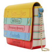 Side view of the Loungefly Disney Princess Books crossbody bag showing the storybook stack design, striped side panel and gold chain strap