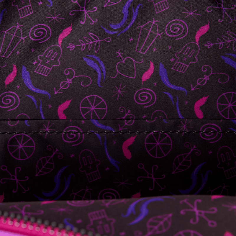 Dr. Facilier patterned interior lining inside the Loungefly Princess and the Frog Mini Backpack