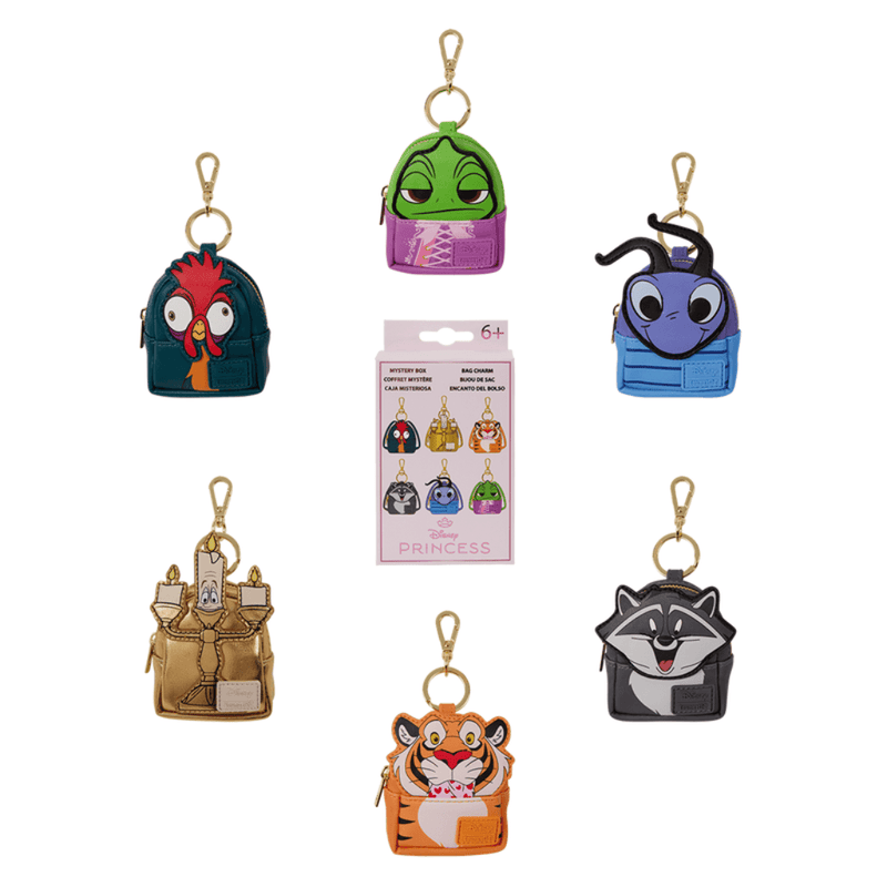 Six Disney Princess Sidekicks Loungefly bag charms with Blind Box packaging