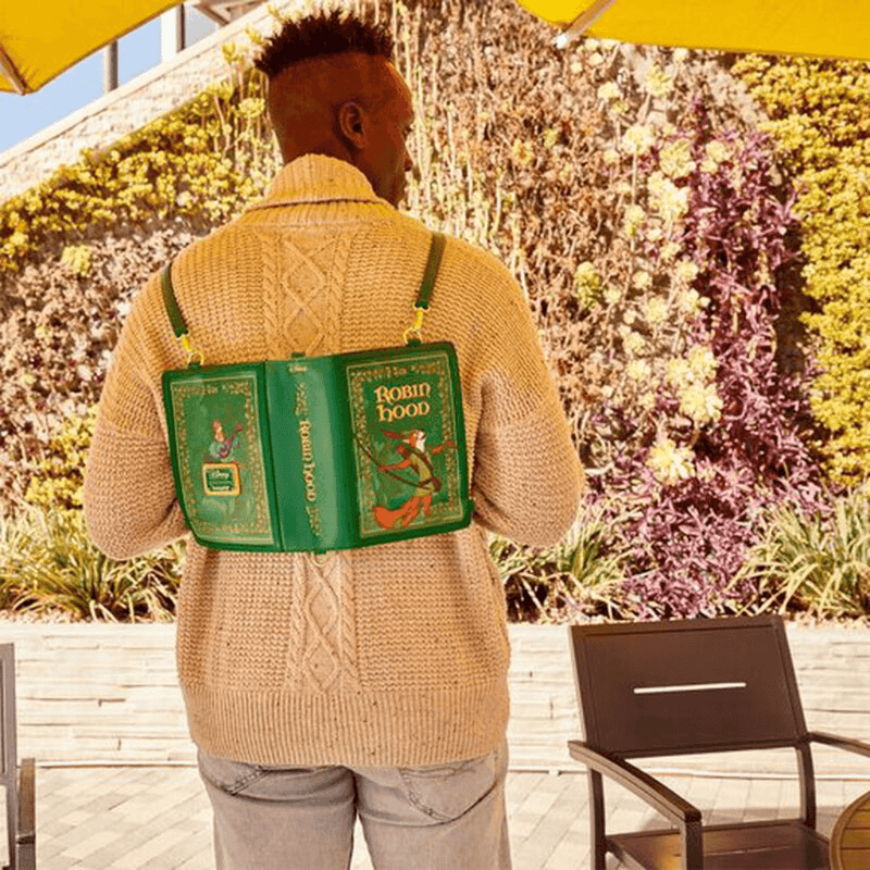 Loungefly Disney Robin Hood Book Convertible Bag worn as a backpack