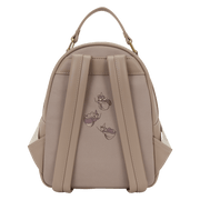 Back view of the Loungefly Disney Sleeping Beauty & Maleficent Spinning Wheel Mini Backpack with taupe straps and fairy silhouette artwork