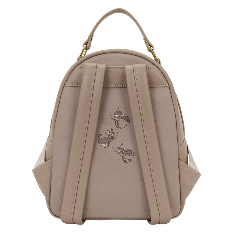 Back view of the Loungefly Disney Sleeping Beauty & Maleficent Spinning Wheel Mini Backpack with taupe straps and fairy silhouette artwork