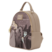 Angled front view of the Loungefly Disney Sleeping Beauty & Maleficent Spinning Wheel Mini Backpack featuring Aurora, Maleficent and the spinning wheel scene