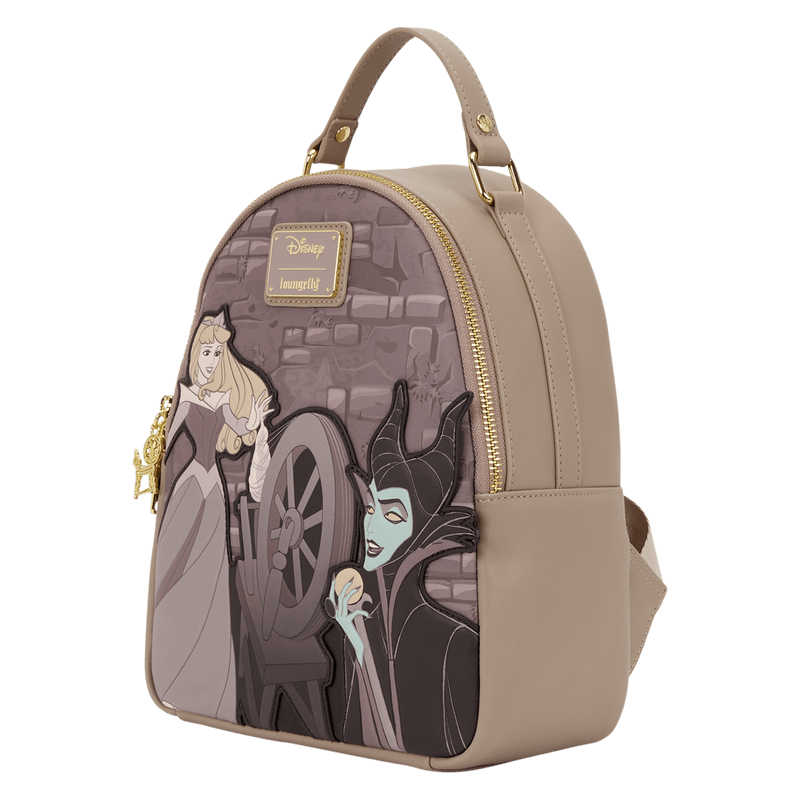 Angled front view of the Loungefly Disney Sleeping Beauty & Maleficent Spinning Wheel Mini Backpack featuring Aurora, Maleficent and the spinning wheel scene