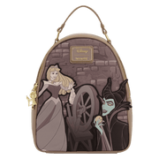 Front view of the Loungefly Disney Sleeping Beauty & Maleficent Spinning Wheel Mini Backpack with Aurora, Maleficent and spinning wheel artwork