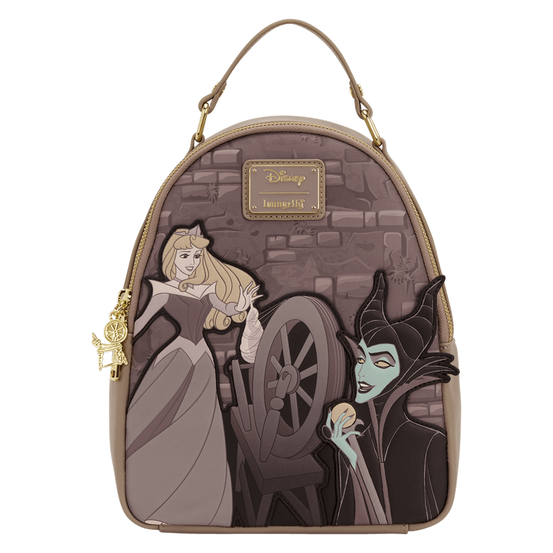 Front view of the Loungefly Disney Sleeping Beauty & Maleficent Spinning Wheel Mini Backpack with Aurora, Maleficent and spinning wheel artwork