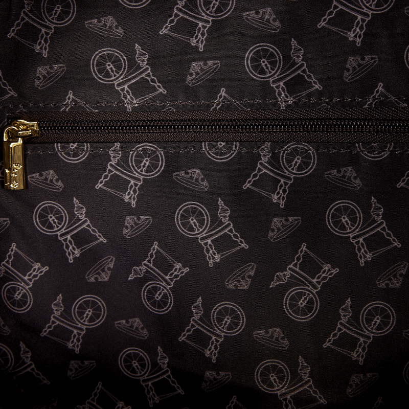 Close-up of the interior lining inside the Loungefly Disney Sleeping Beauty & Maleficent Spinning Wheel Mini Backpack with an all-over spinning wheel print