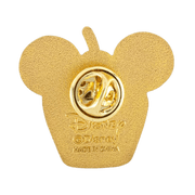 Reverse side of Disney snack enamel pin, gold-tone finish with textured crown pattern and Disney logo.

