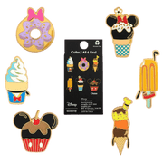 Group shot of Loungefly Disney Snacks Mystery Enamel Pins blind box with six dessert-themed Mickey & Minnie treats.
