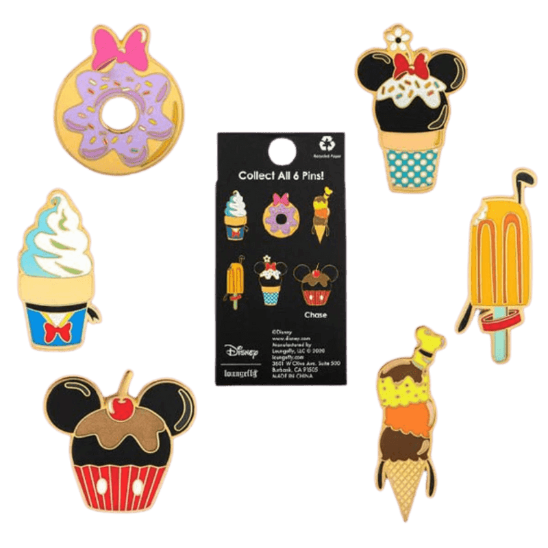 Group shot of Loungefly Disney Snacks Mystery Enamel Pins blind box with six dessert-themed Mickey & Minnie treats.
