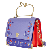 Angled view of Loungefly Snow White crossbody showing red side panels, gold chain