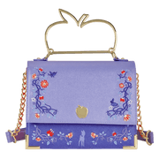 Front view of Loungefly Snow White crossbody with apple handle and floral embroidery