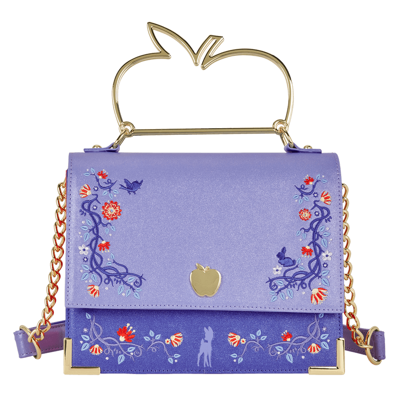 Front view of Loungefly Snow White crossbody with apple handle and floral embroidery