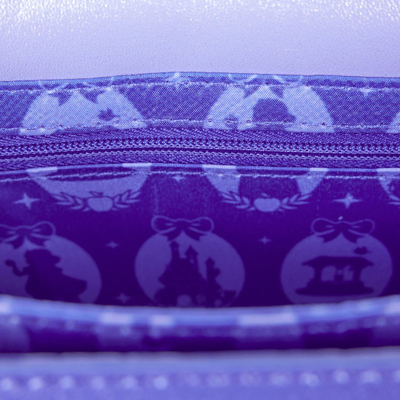 Interior lining featuring Snow White silhouettes, castle and apple motifs in purple