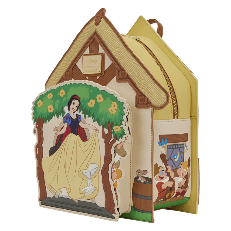 Loungefly Disney Snow White cottage mini backpack angled view with house design