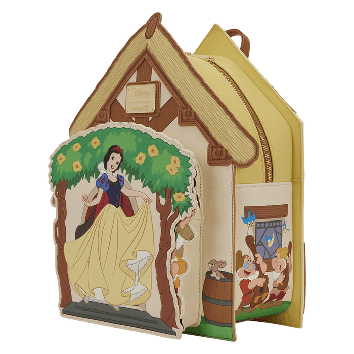 Loungefly Disney Snow White cottage mini backpack angled view with house design