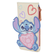 Angled view of Loungefly Stitch and Angel Be Mine card holder showing 3D Stitch applique and rose-gold zip coin pocket
