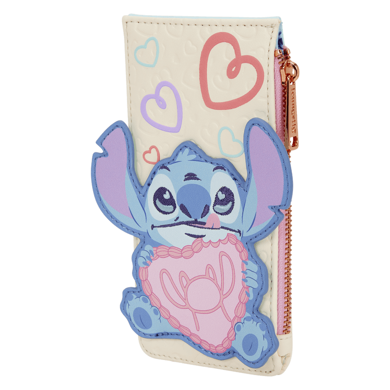 Angled view of Loungefly Stitch and Angel Be Mine card holder showing 3D Stitch applique and rose-gold zip coin pocket