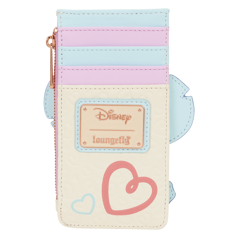 Back view of Loungefly Disney Stitch and Angel Be Mine card holder with multiple card slots, zip pocket and Disney Loungefly plaque