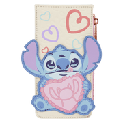 Front view of Loungefly Disney Stitch and Angel Be Mine card holder with Stitch holding a pink heart and pastel heart doodles