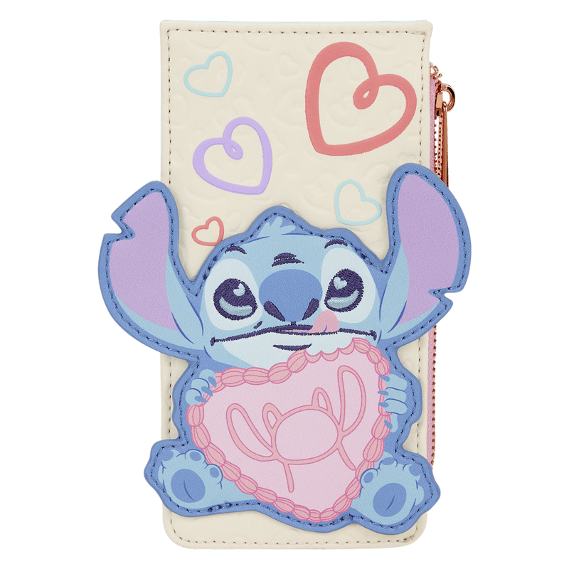 Front view of Loungefly Disney Stitch and Angel Be Mine card holder with Stitch holding a pink heart and pastel heart doodles
