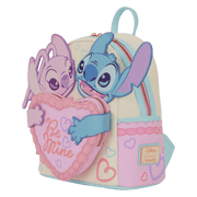 Angled view of Loungefly Disney Stitch and Angel Be Mine mini backpack with 3D character panels and heart pocket