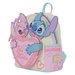 Angled view of Loungefly Disney Stitch and Angel Be Mine mini backpack with 3D character panels and heart pocket