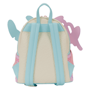 Back view of Loungefly Stitch and Angel Be Mine mini backpack with pastel straps and embossed heart texture